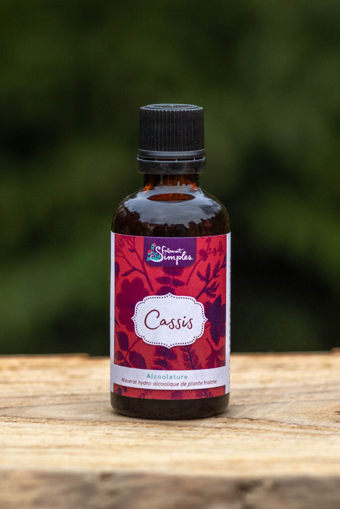 Un flacon d'alcoolature de cassis posé sur une planche en bois